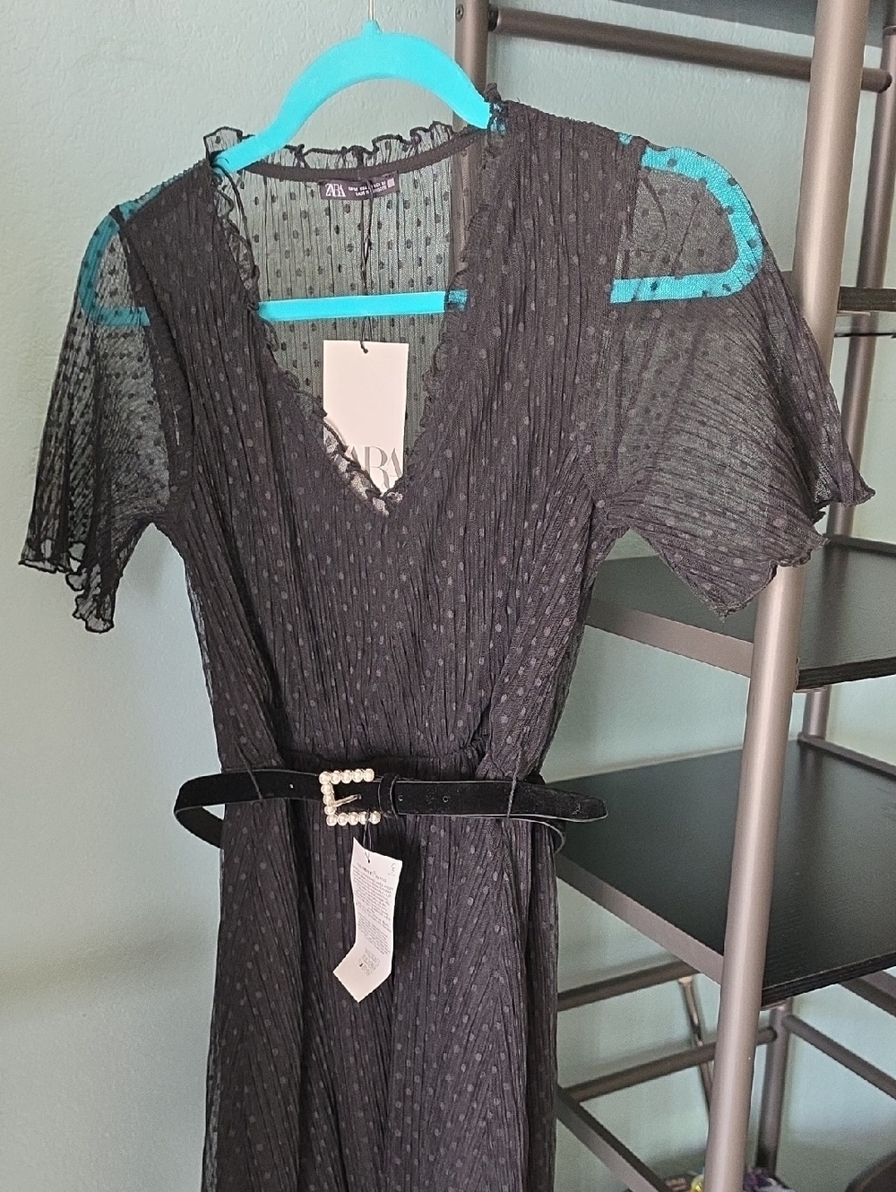 Zara Black Sheer Polka-Dot V-Neck Dress with Pearl Belt XS
